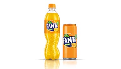 Fanta orange bottle and can